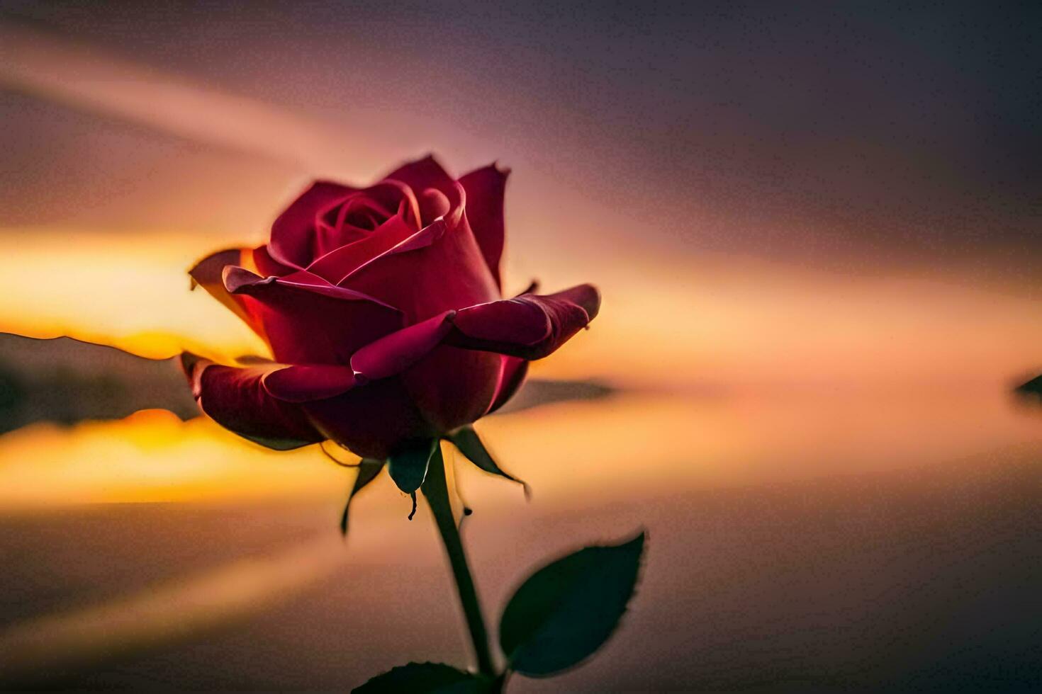 a single red rose is in front of a sunset. AI-Generated photo