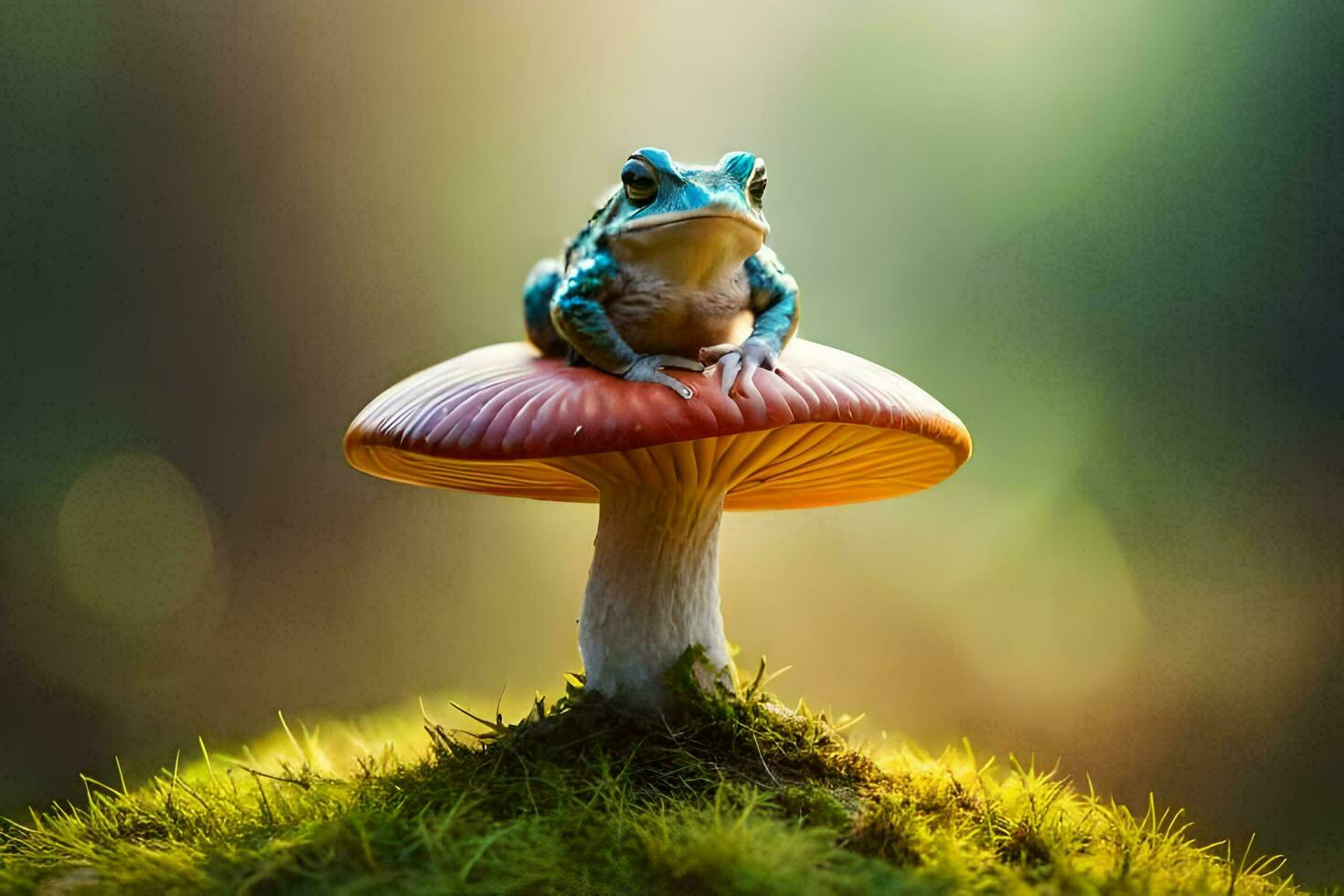 a frog sits on top of a mushroom. AI-Generated photo