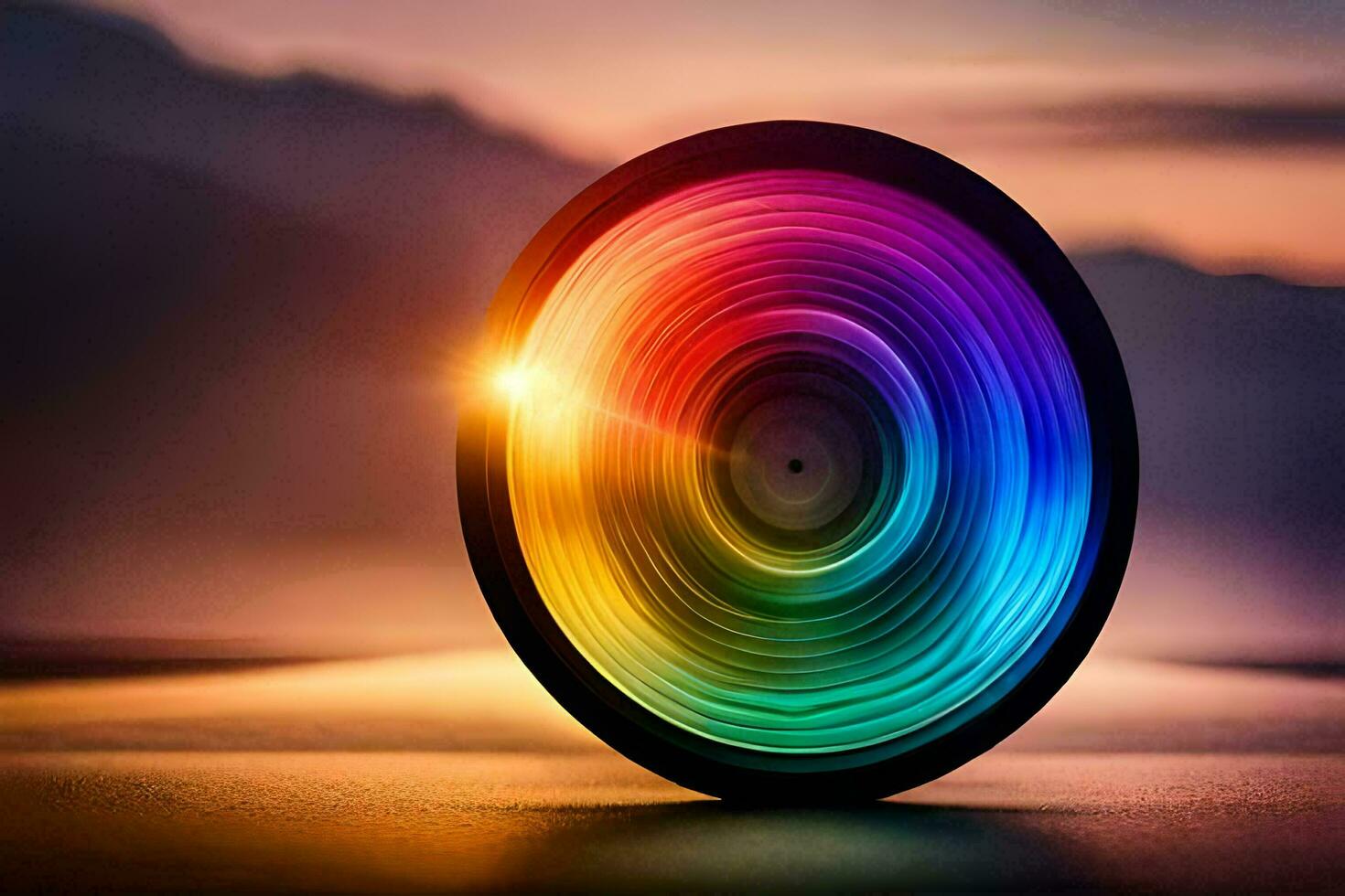 a rainbow colored wheel with a sunset in the background. AI-Generated photo