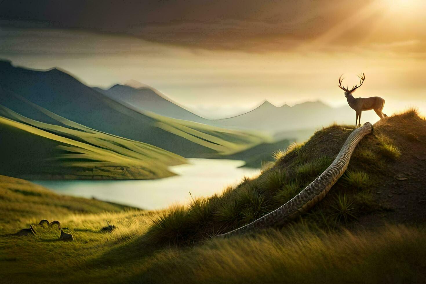 a deer stands on a hill overlooking a lake and mountains. AI-Generated photo