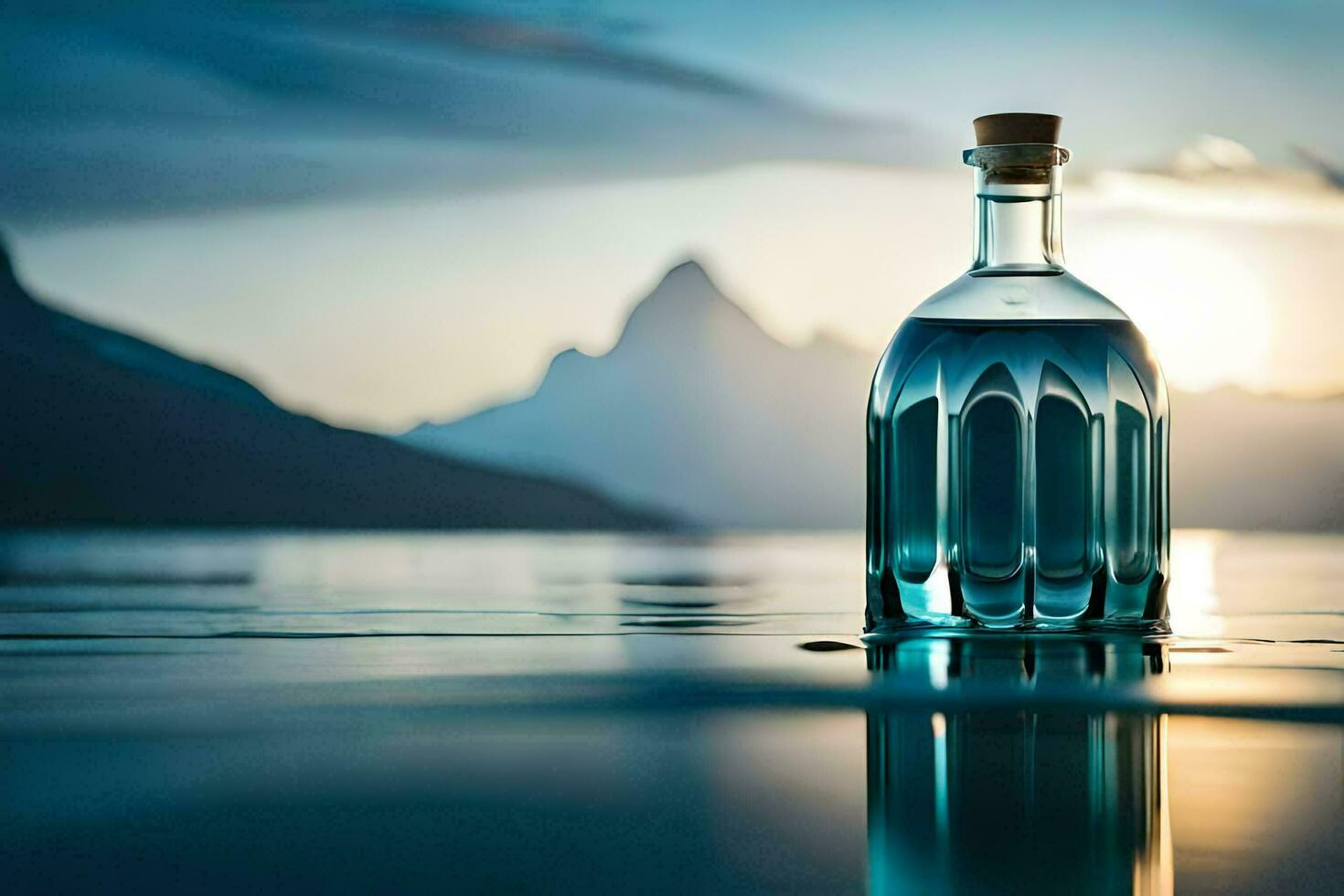 a bottle of blue liquid sitting on the water with mountains in the background. AI-Generated photo