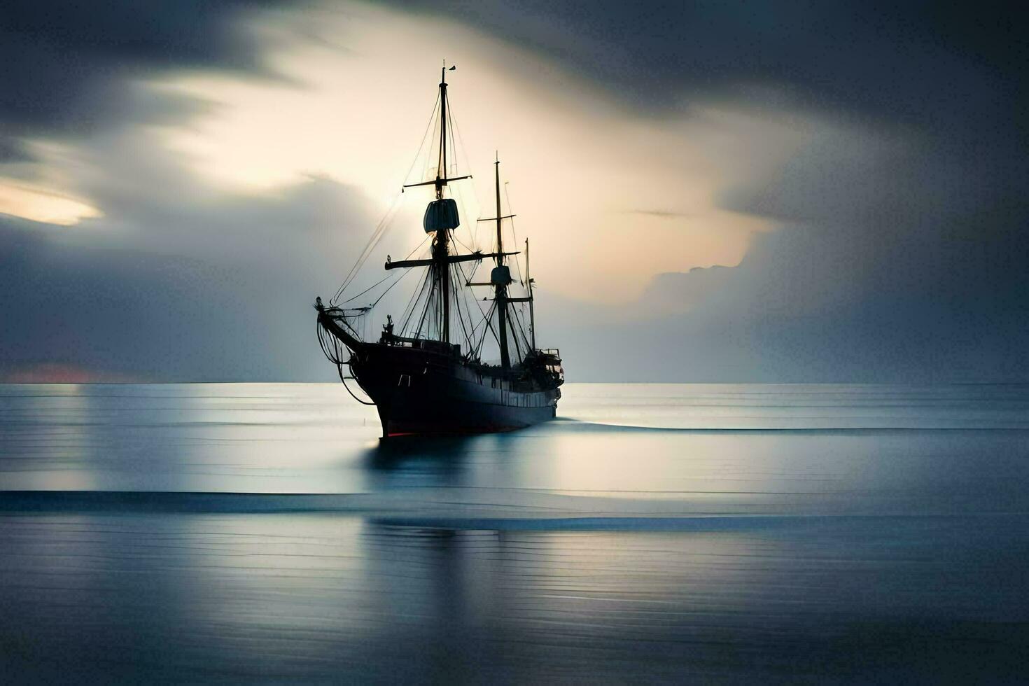 a sailing ship in the ocean at dusk. AI-Generated photo