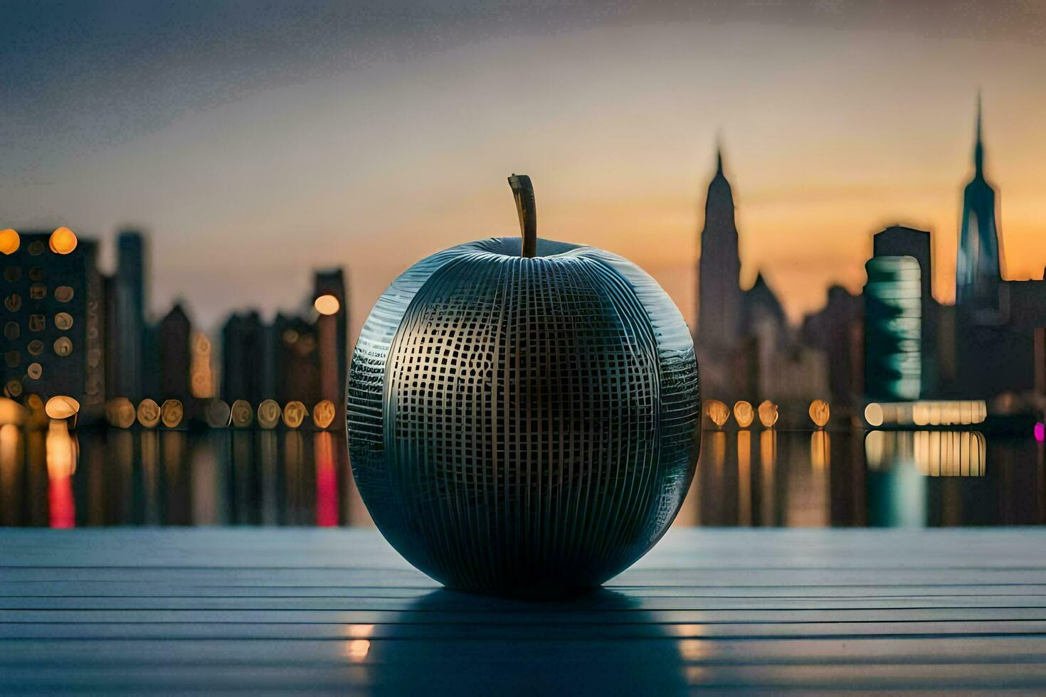 an apple sitting on a table in front of a city skyline. AI-Generated photo