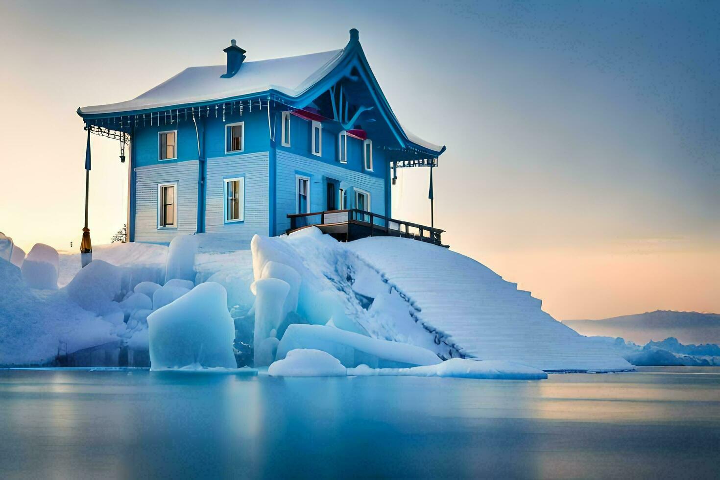 un azul casa en parte superior de un iceberg. generado por ai foto
