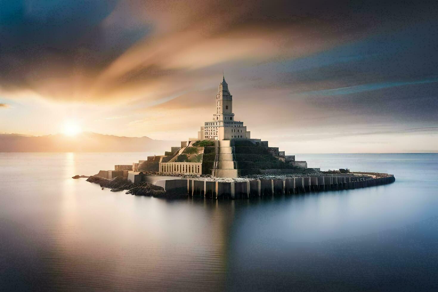 the sun sets over a small island with a tower. AI-Generated photo