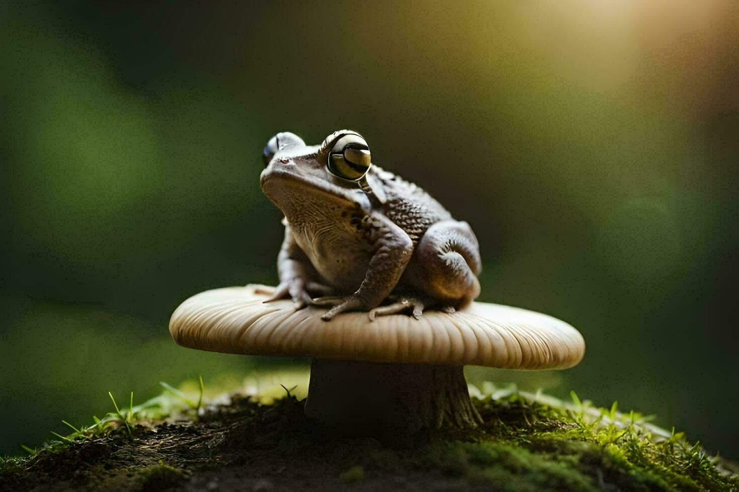 a frog sitting on top of a mushroom. AI-Generated photo