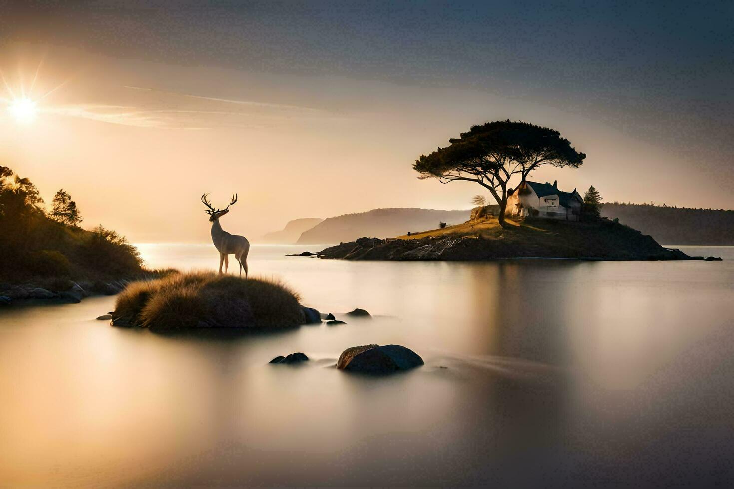 a deer stands on the shore of a lake with a tree in the background. AI-Generated photo