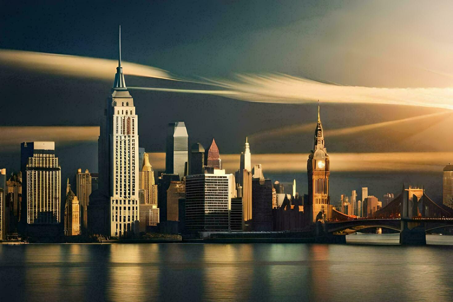 el ciudad horizonte en nuevo York ciudad a puesta de sol. generado por ai foto