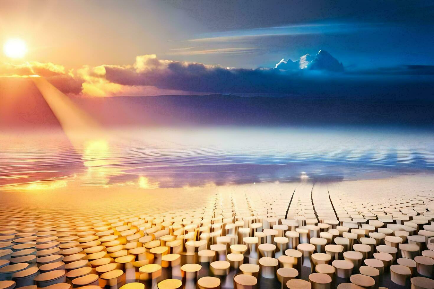 a sunset over a lake with many barrels. AI-Generated photo