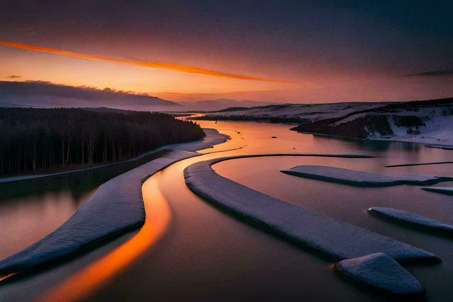 a river flows through a snowy landscape at sunset. AI-Generated photo