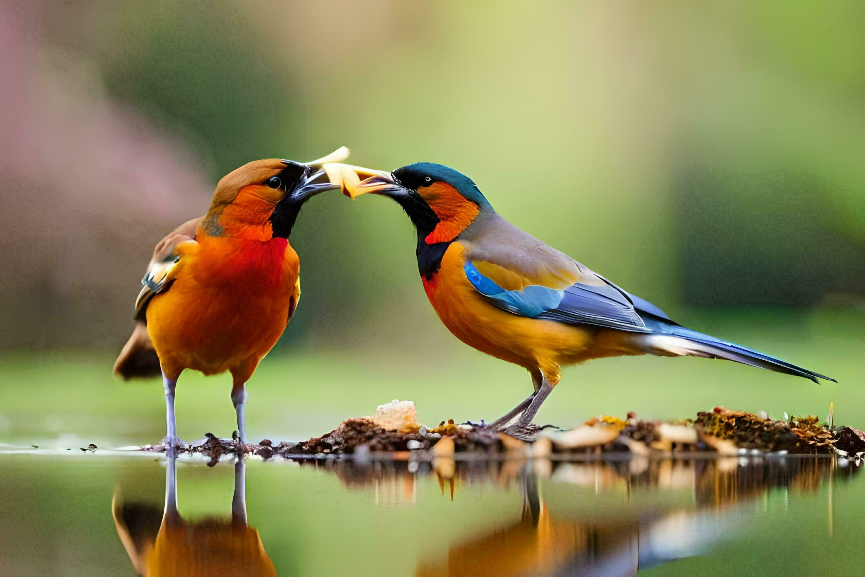 two birds are standing on the water with their beaks open. AIGenerated