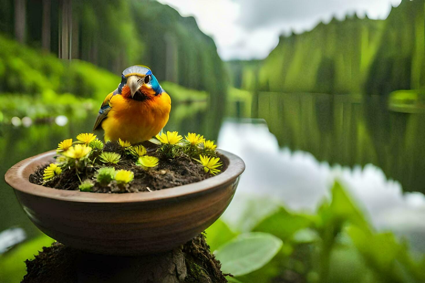 foto fondo de pantalla el pájaro, flores, lago, bosque, pájaro, pájaro, pájaro, pájaro,. generado por ai