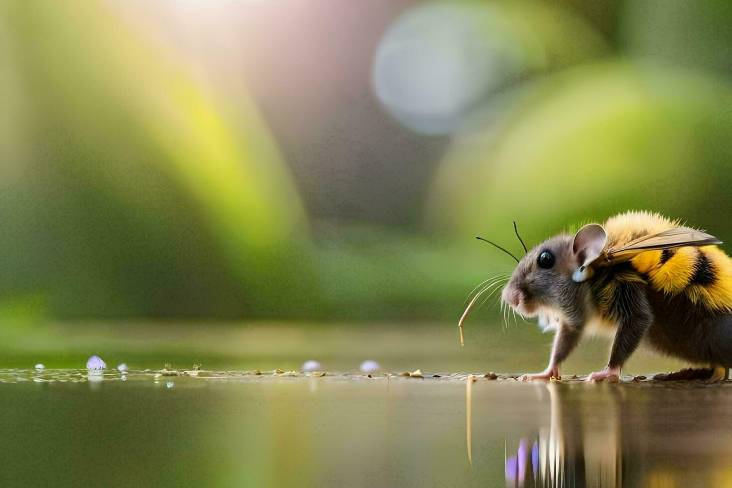 a mouse with yellow and black stripes standing on the water. AI-Generated photo