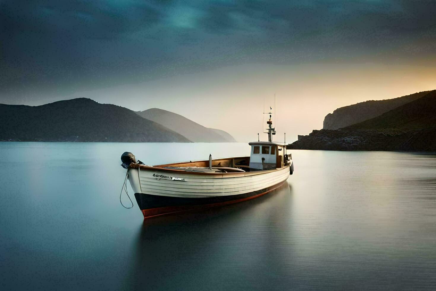 un barco se sienta en el agua a puesta de sol. generado por ai foto
