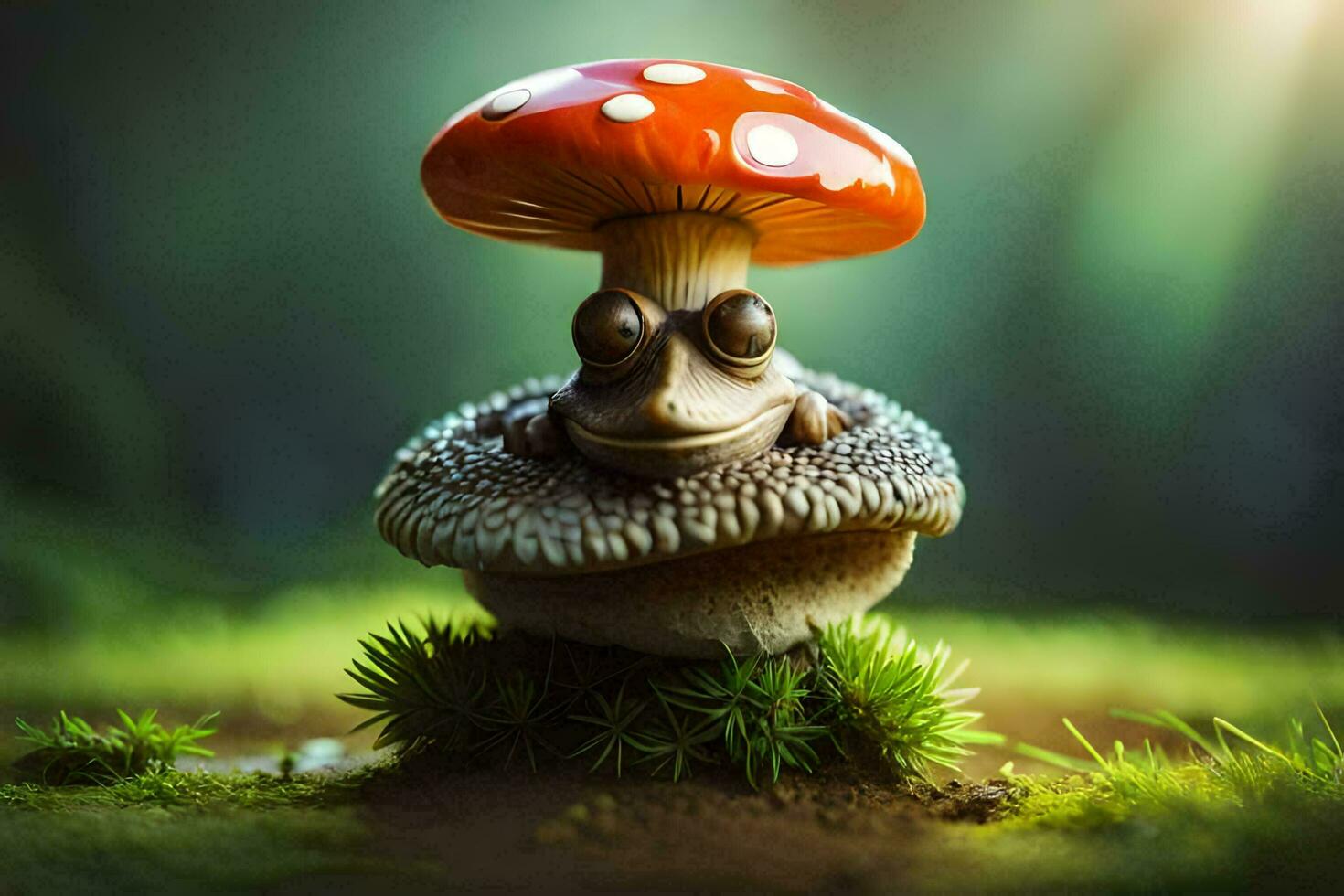 a small frog sitting on top of a mushroom. AI-Generated photo