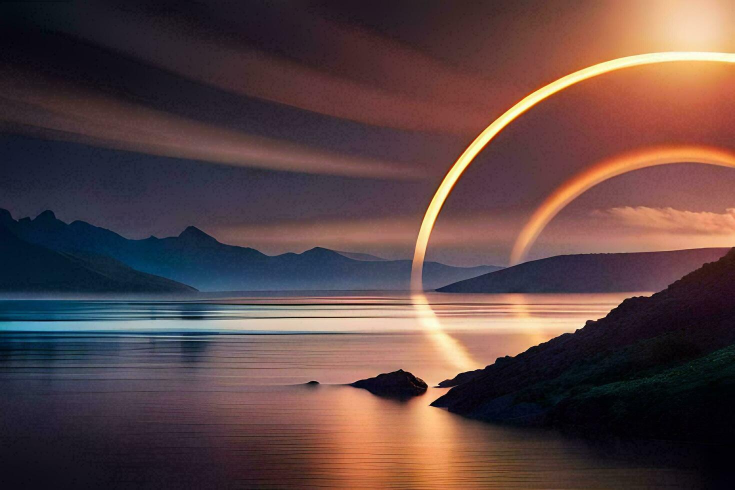 the sun is shining over a lake and mountains. AI-Generated photo