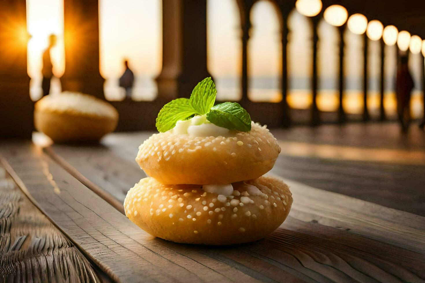 a stack of donuts with mint leaves on top. AI-Generated photo