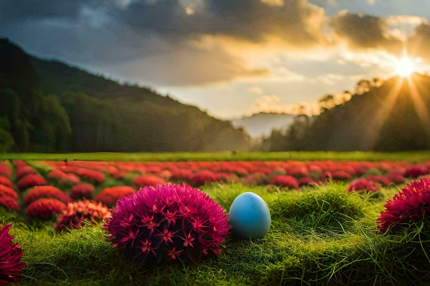 a blue egg sits in a field of flowers. AI-Generated photo