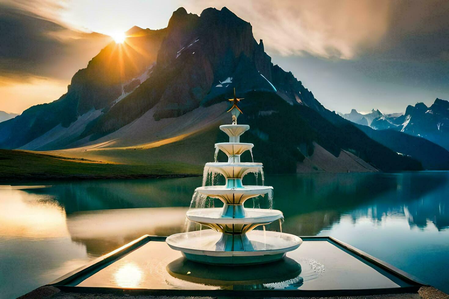 a fountain in front of a mountain at sunset. AI-Generated photo
