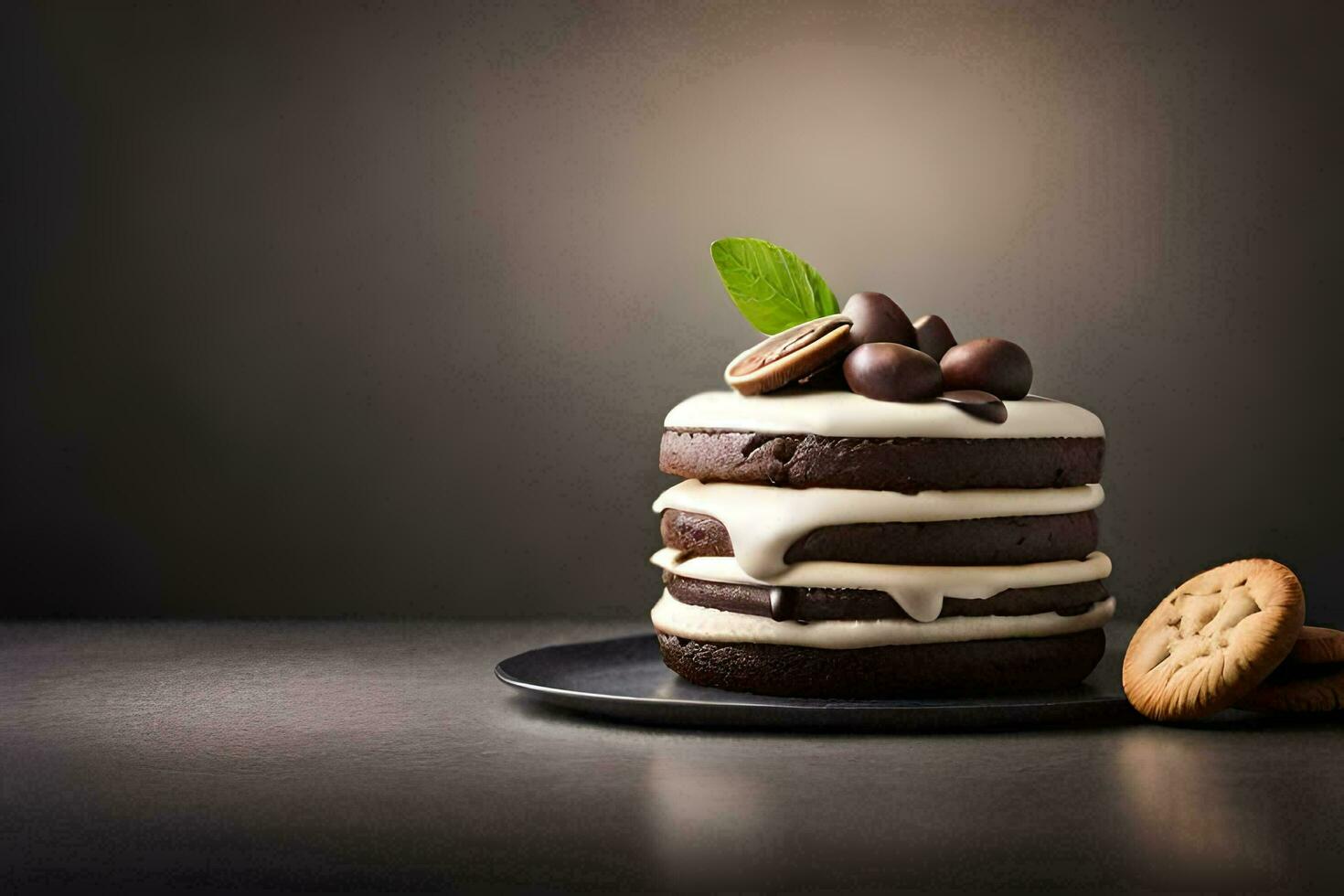 a chocolate cake with cream and cookies on a black plate. AI-Generated photo