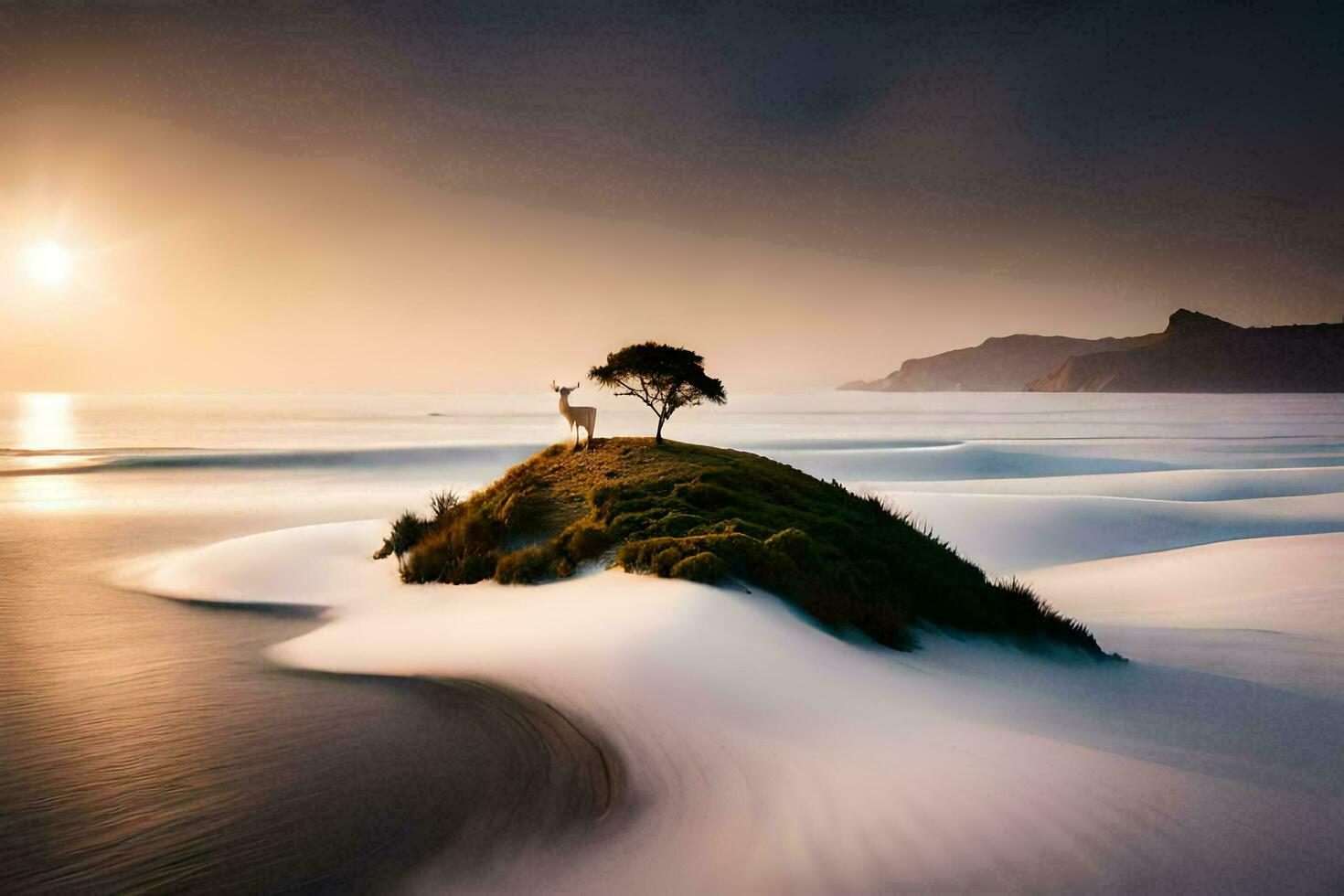 un solitario árbol soportes en un pequeño isla en el medio de el océano. generado por ai foto