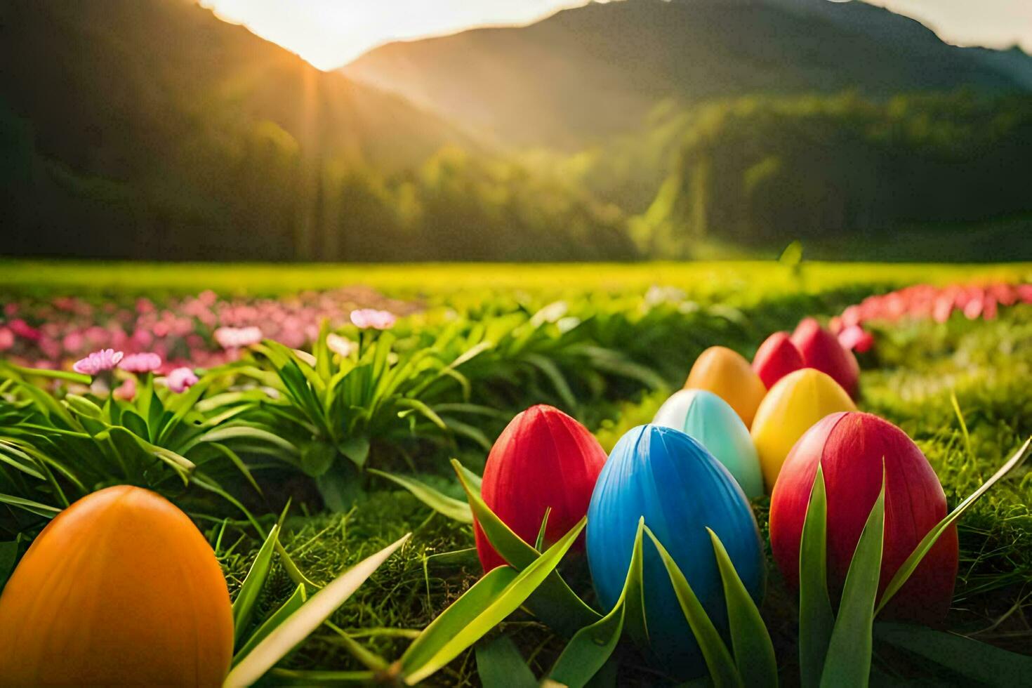 vistoso Pascua de Resurrección huevos en un campo. generado por ai foto