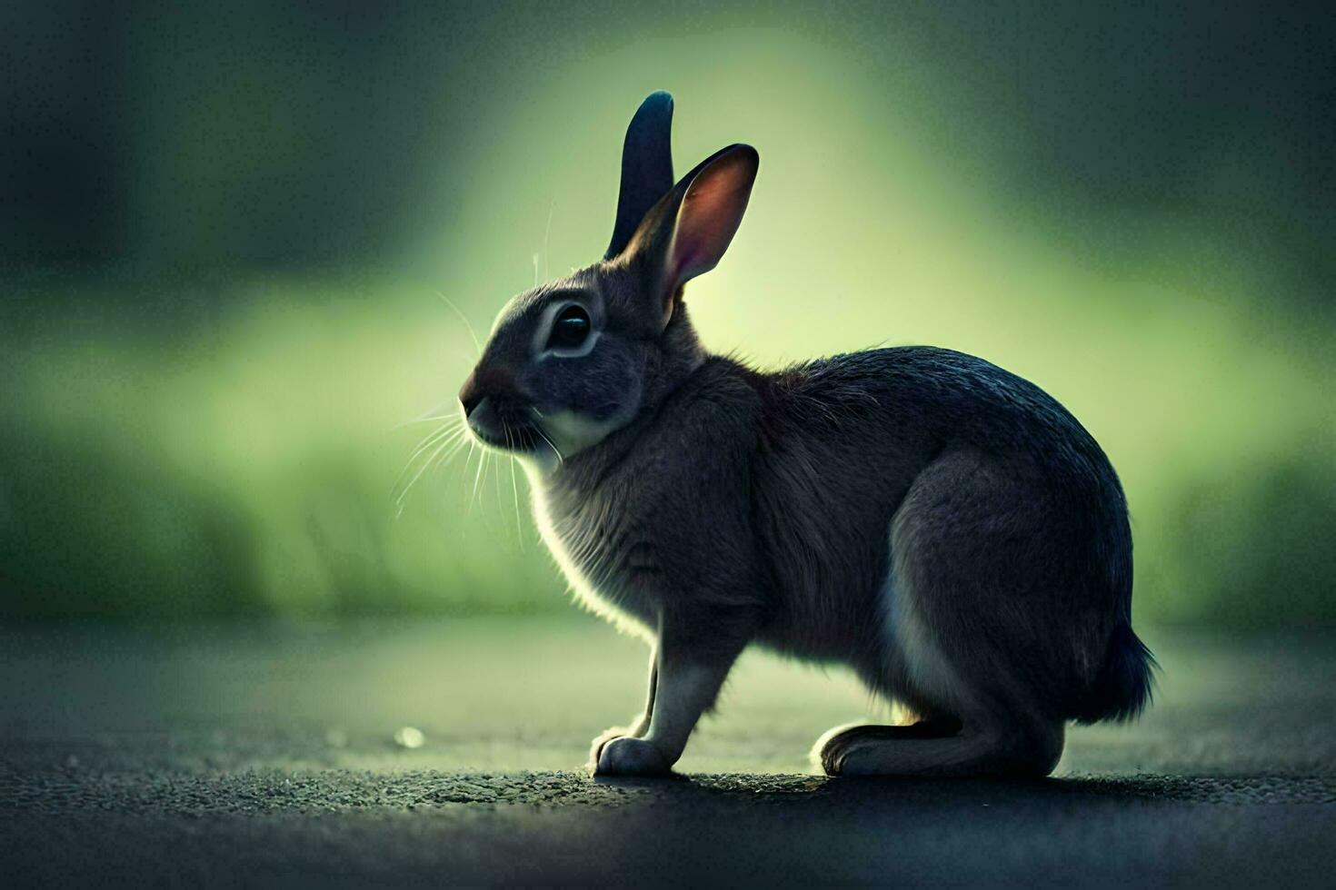 a rabbit is standing on the road in front of a green background. AI-Generated photo