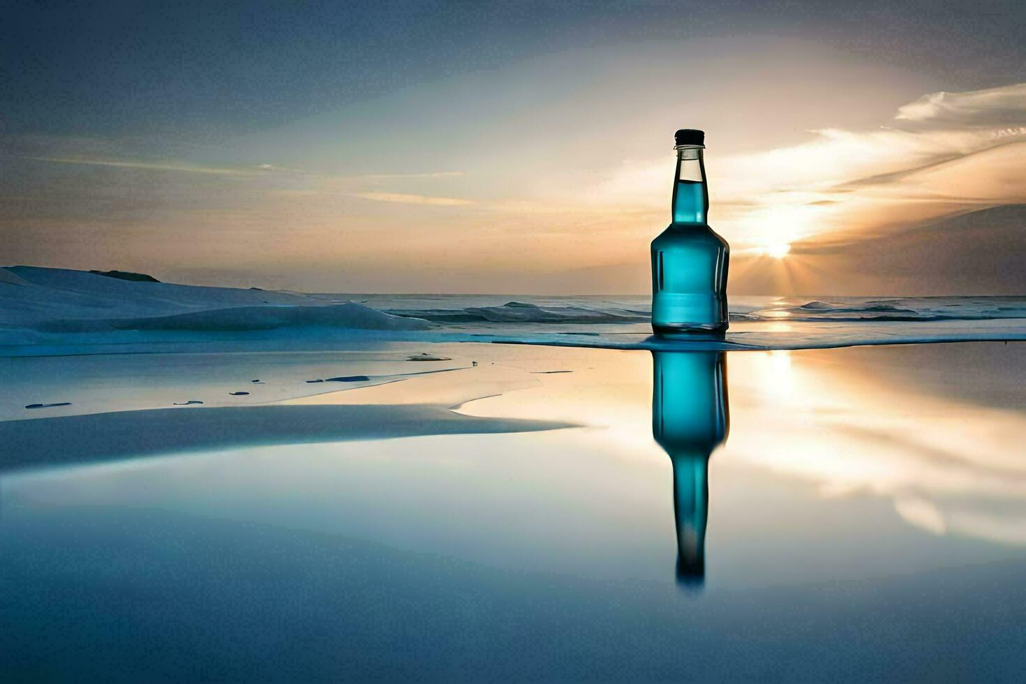 a bottle of blue liquid sitting on the beach at sunset. AI-Generated photo