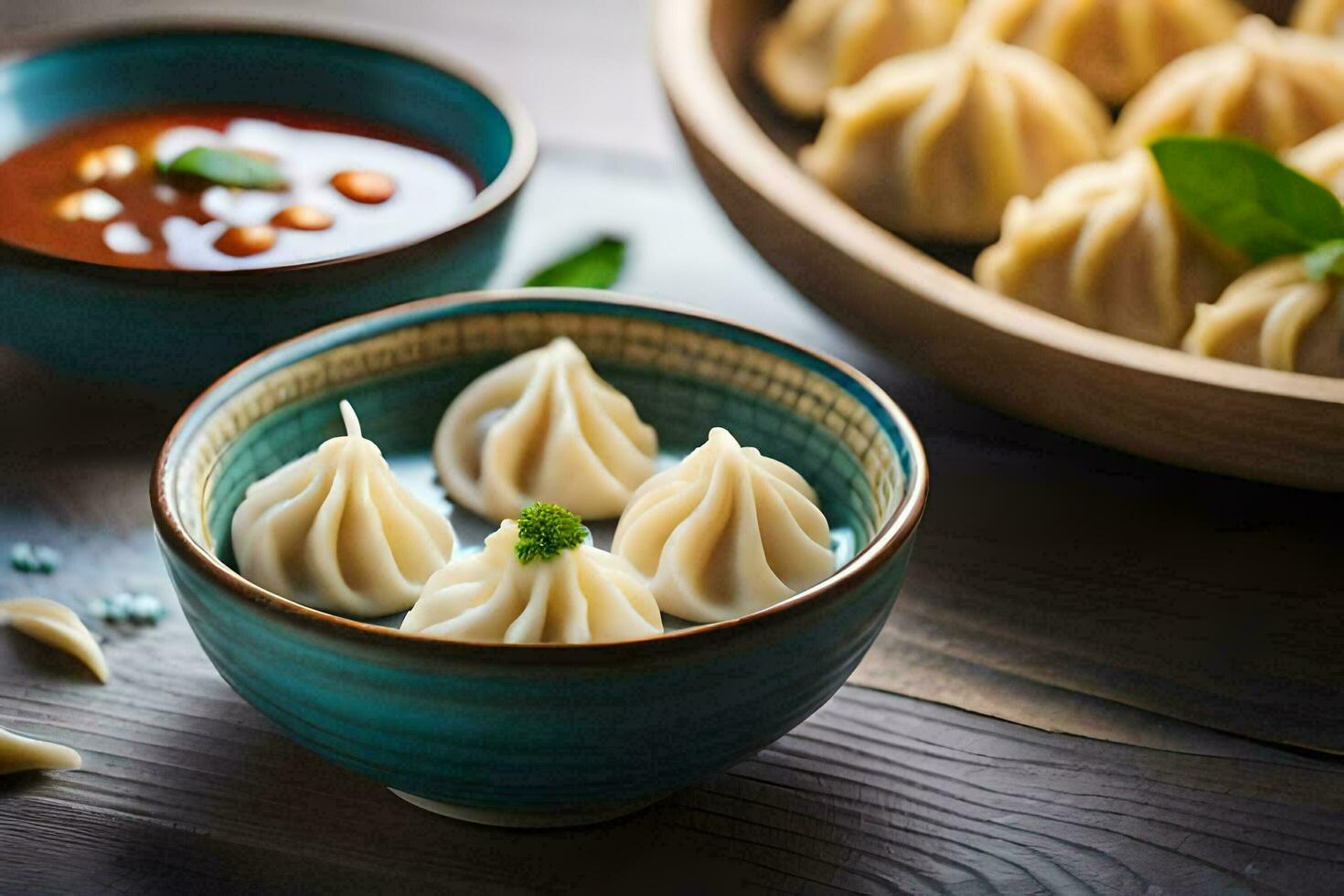 dumplings are served in bowls and on a wooden table. AI-Generated photo