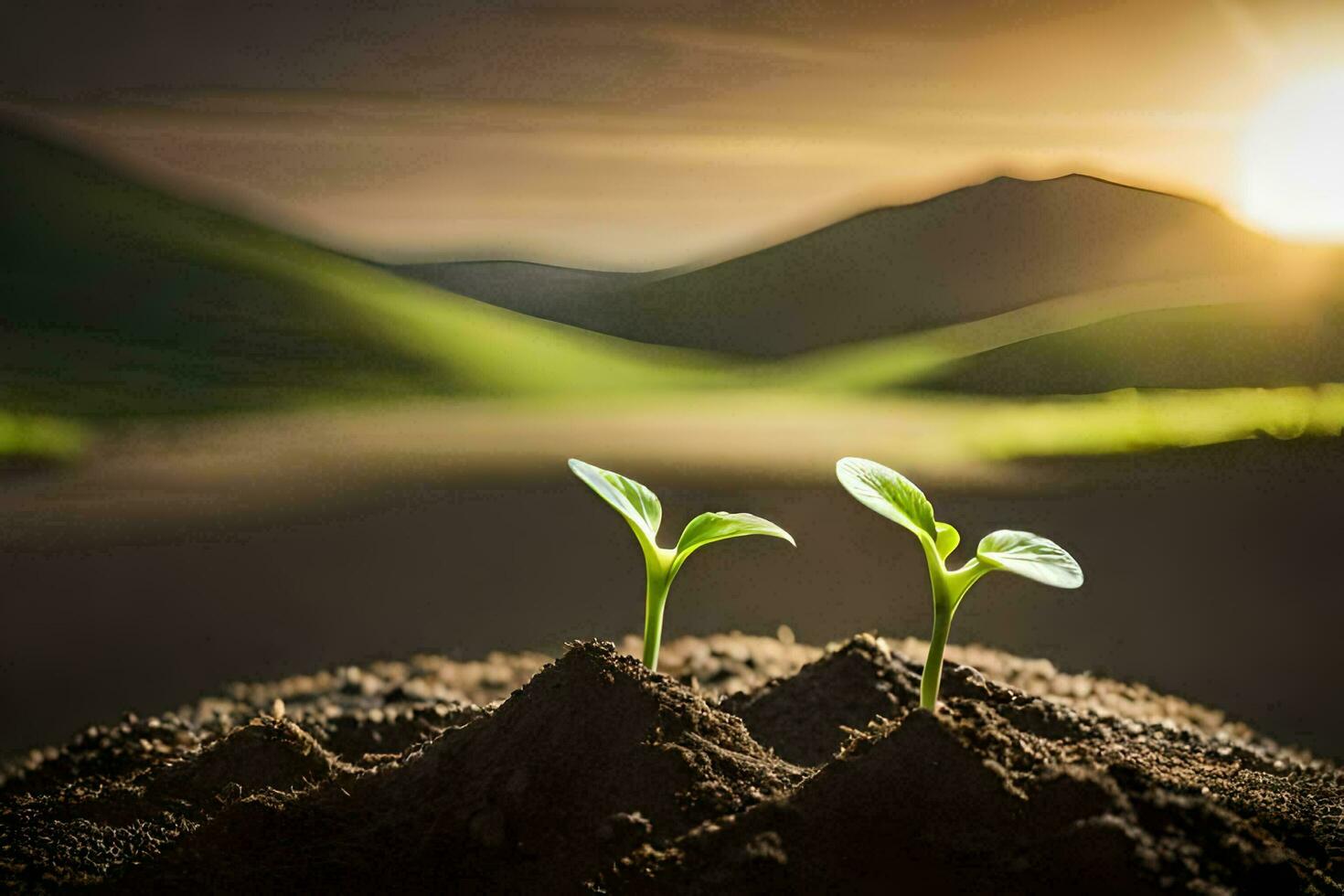 two young plants growing in the dirt. AI-Generated photo
