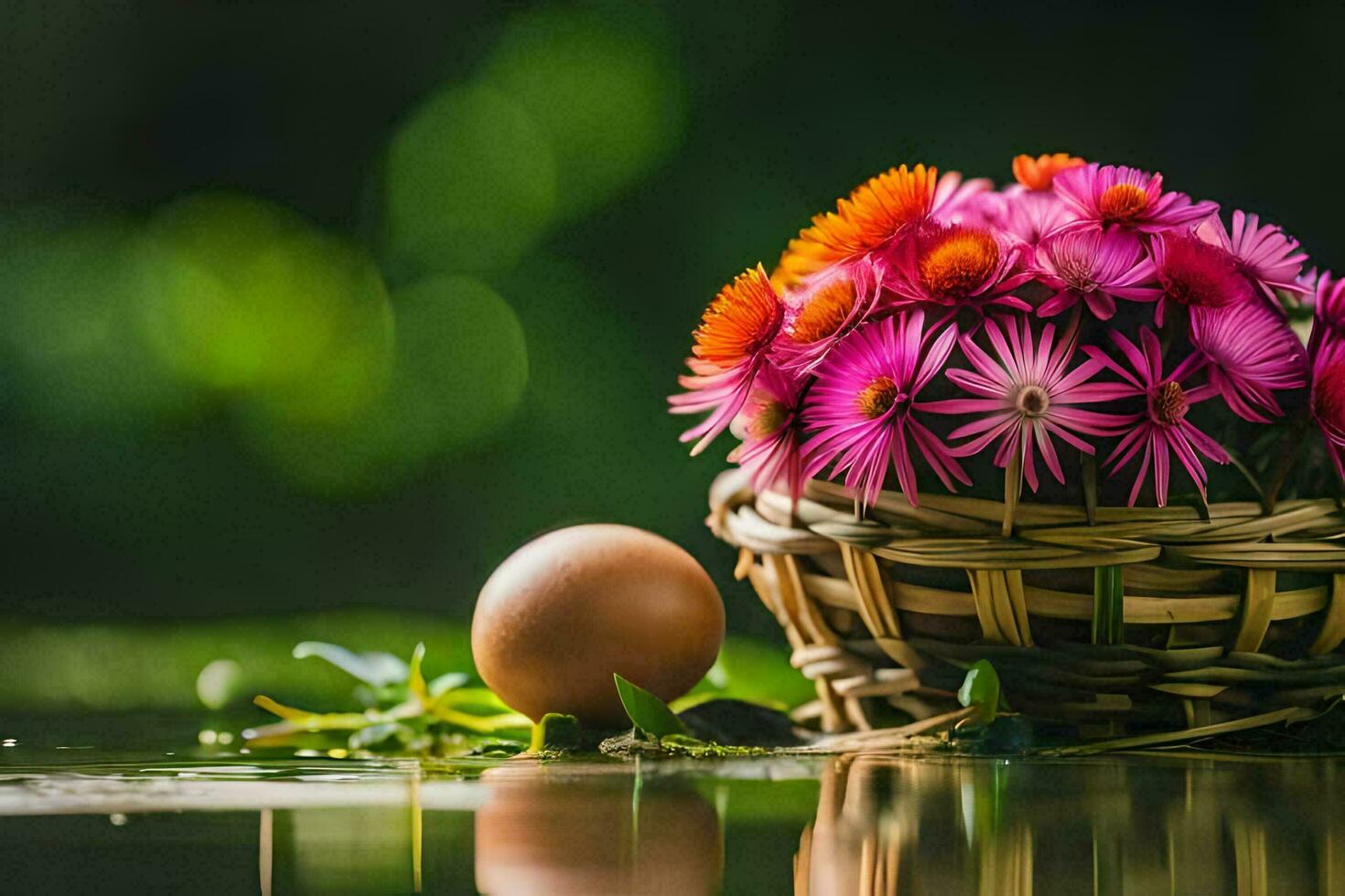 photo wallpaper water, the sun, flowers, the basket, eggs, the eggs, the basket. AI-Generated