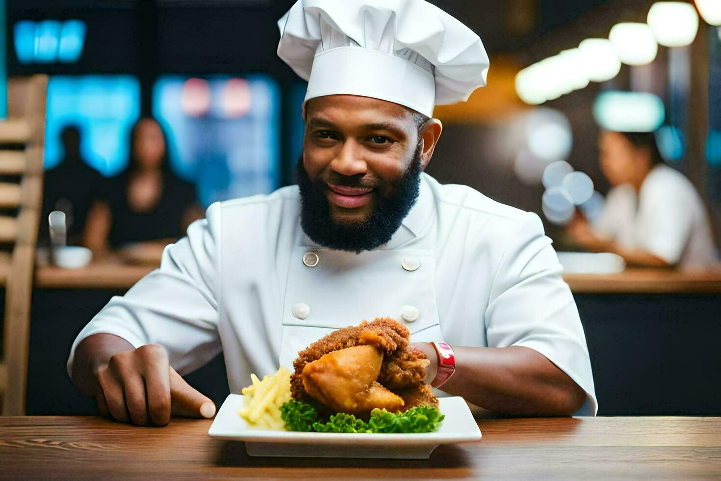 chef holding a plate of food with a chicken. AI-Generated photo
