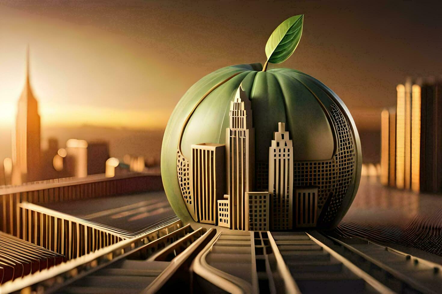 un manzana con un ciudad en parte superior de él. generado por ai foto