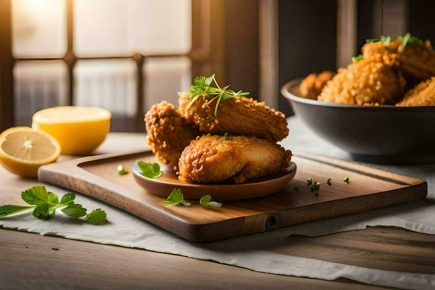 fried chicken wings on a wooden tray. AI-Generated photo