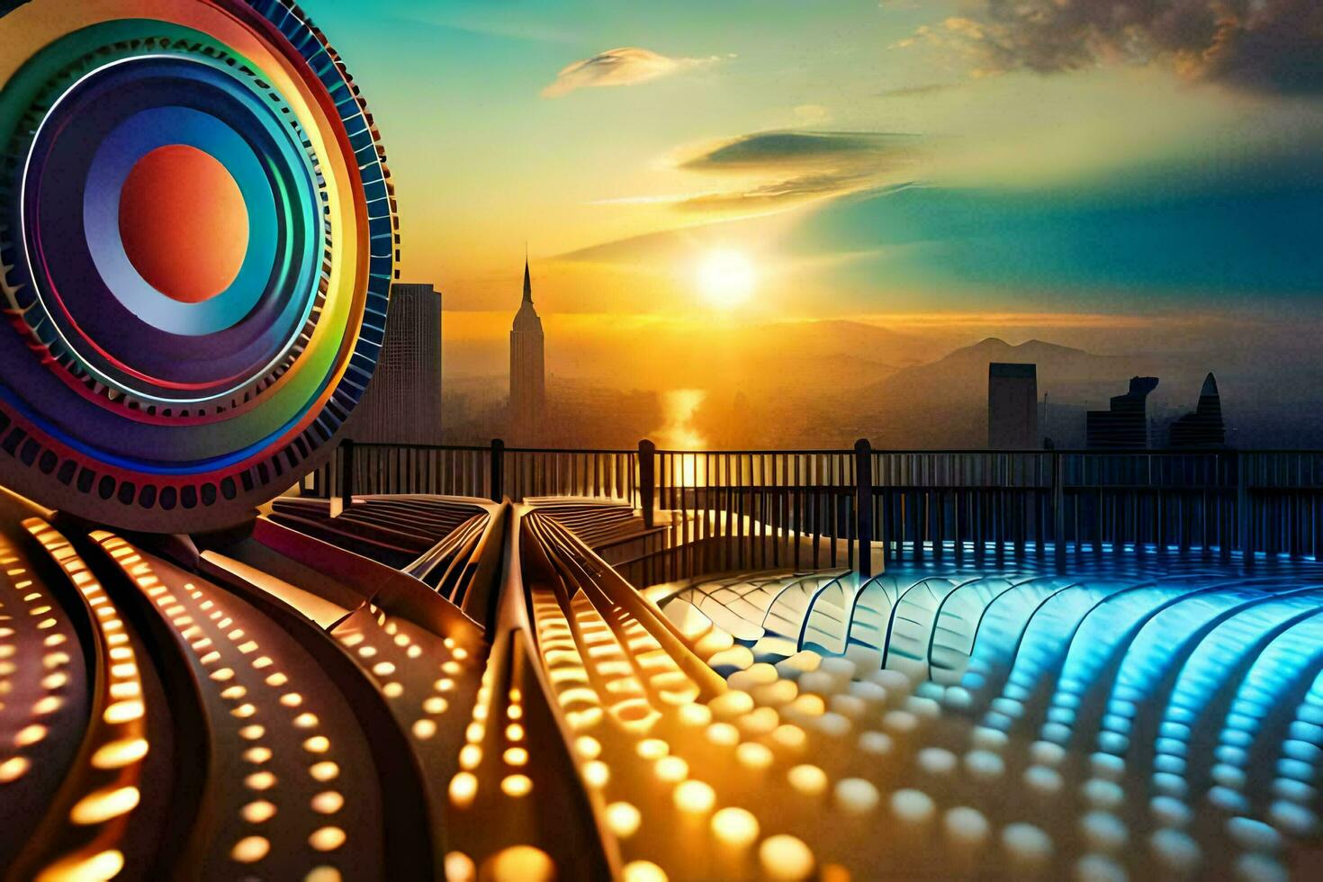 a colorful wheel with a city in the background. AI-Generated photo