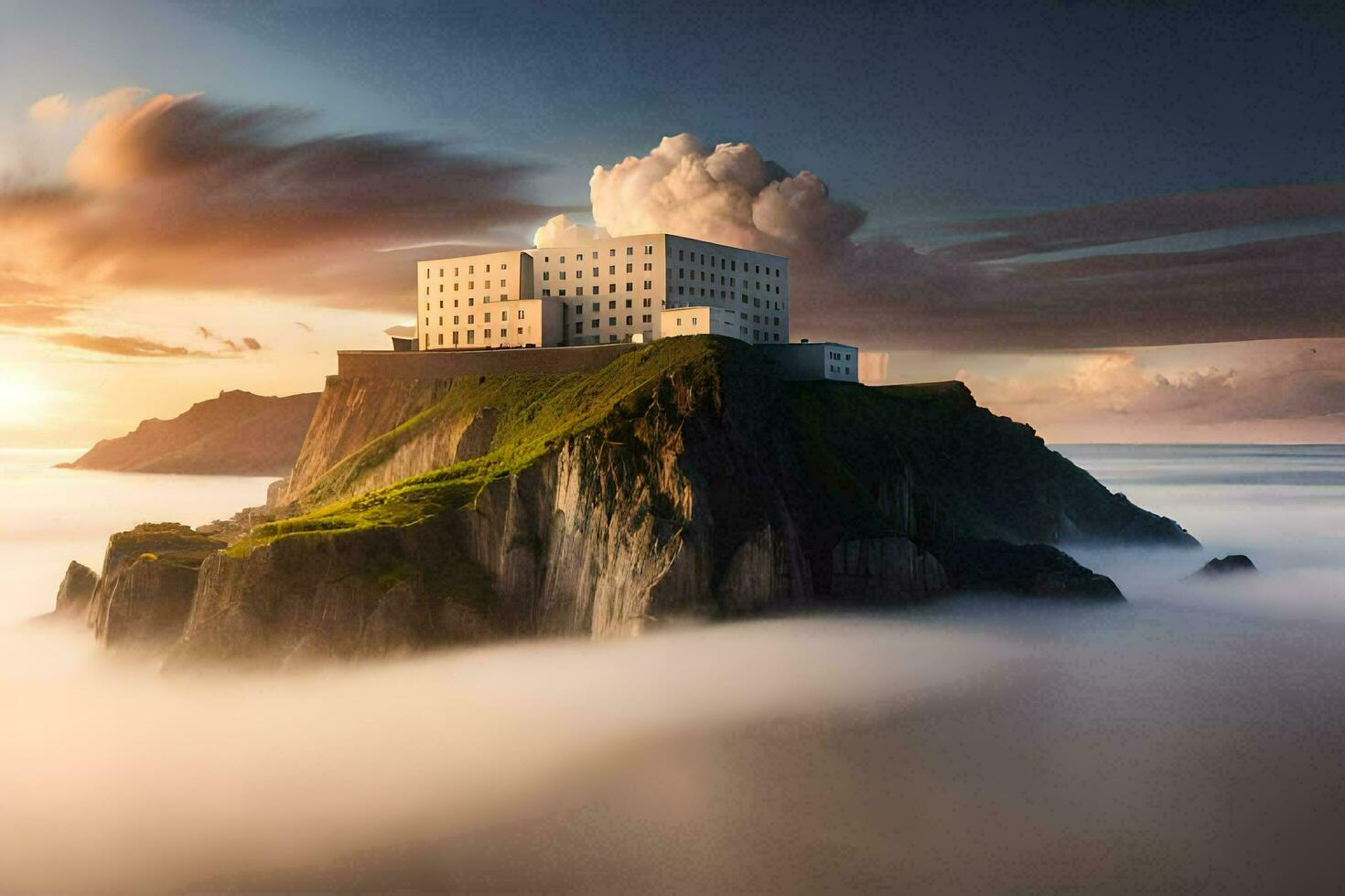 un blanco edificio en parte superior de un montaña rodeado por nubes generado por ai foto