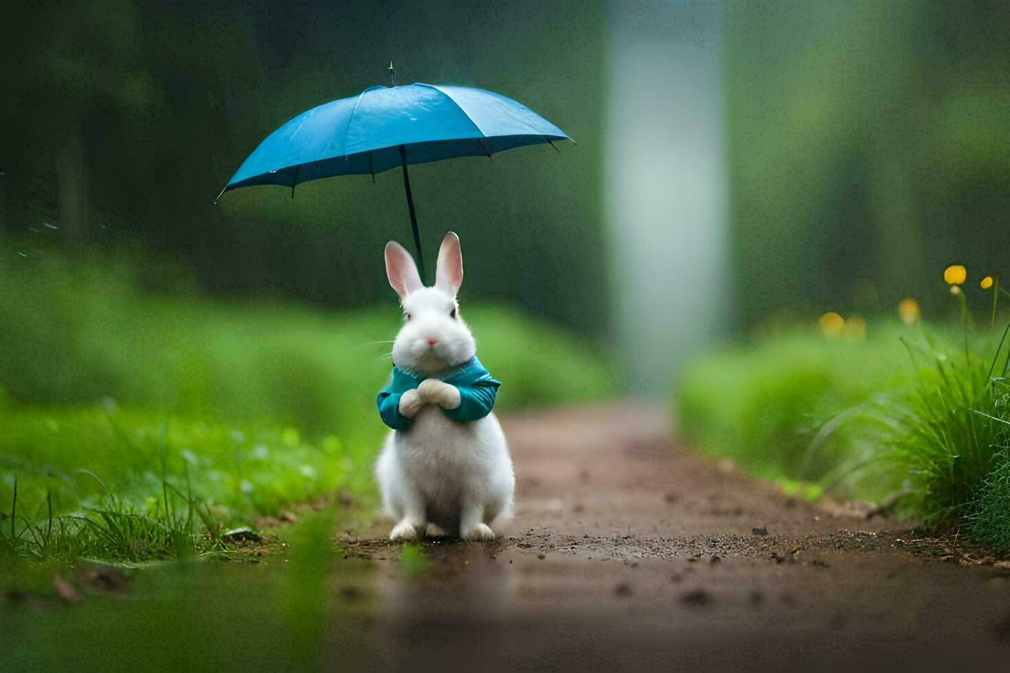 a white rabbit with an umbrella standing on a path. AI-Generated photo