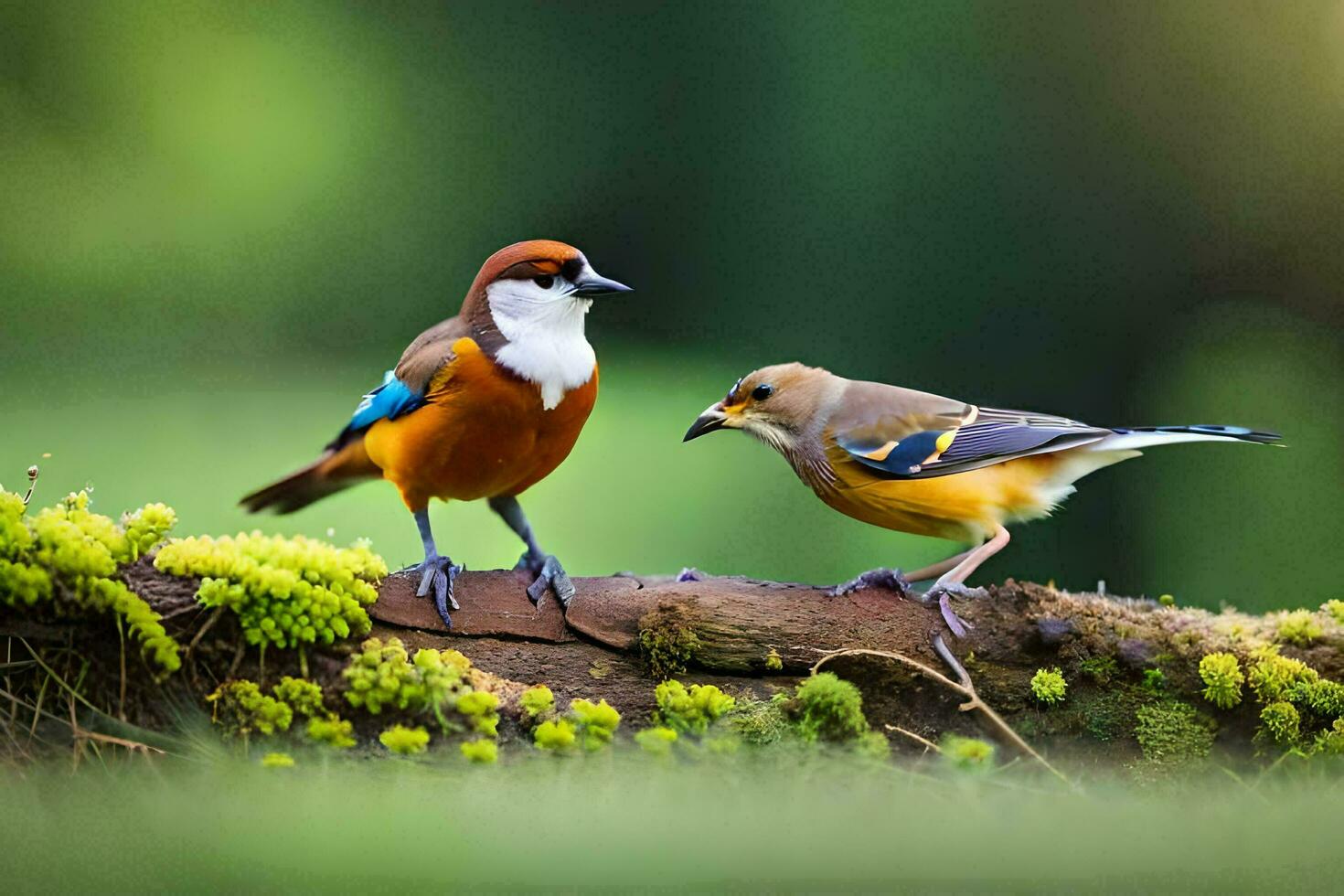 dos aves sentado en un rama en el bosque. generado por ai foto