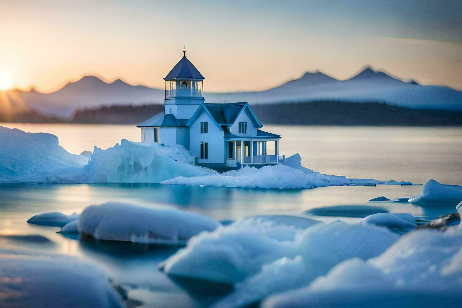 a small house sits on top of an iceberg in the middle of the ocean. AI-Generated photo