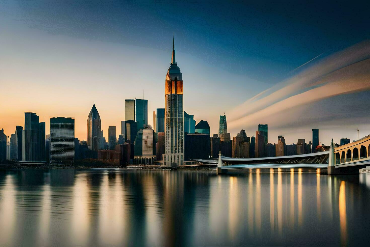 the manhattan skyline at sunset. AI-Generated photo