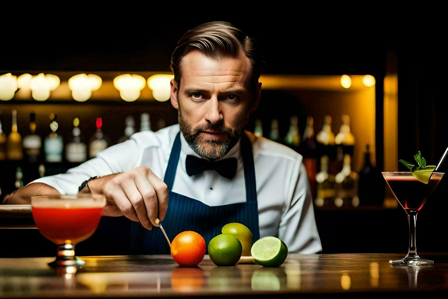 a man in a bow tie is making a cocktail. AI-Generated photo