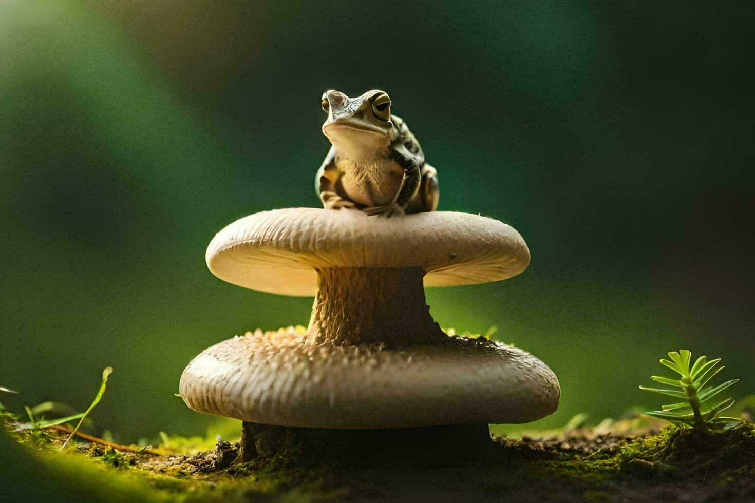 a frog sits on top of a mushroom in the forest. AI-Generated photo