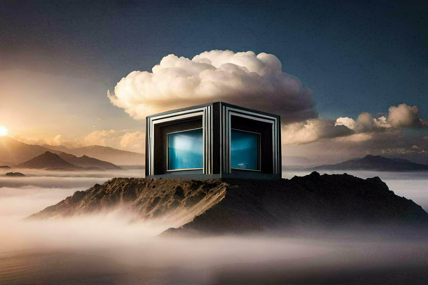 a box on top of a mountain with clouds. AI-Generated photo