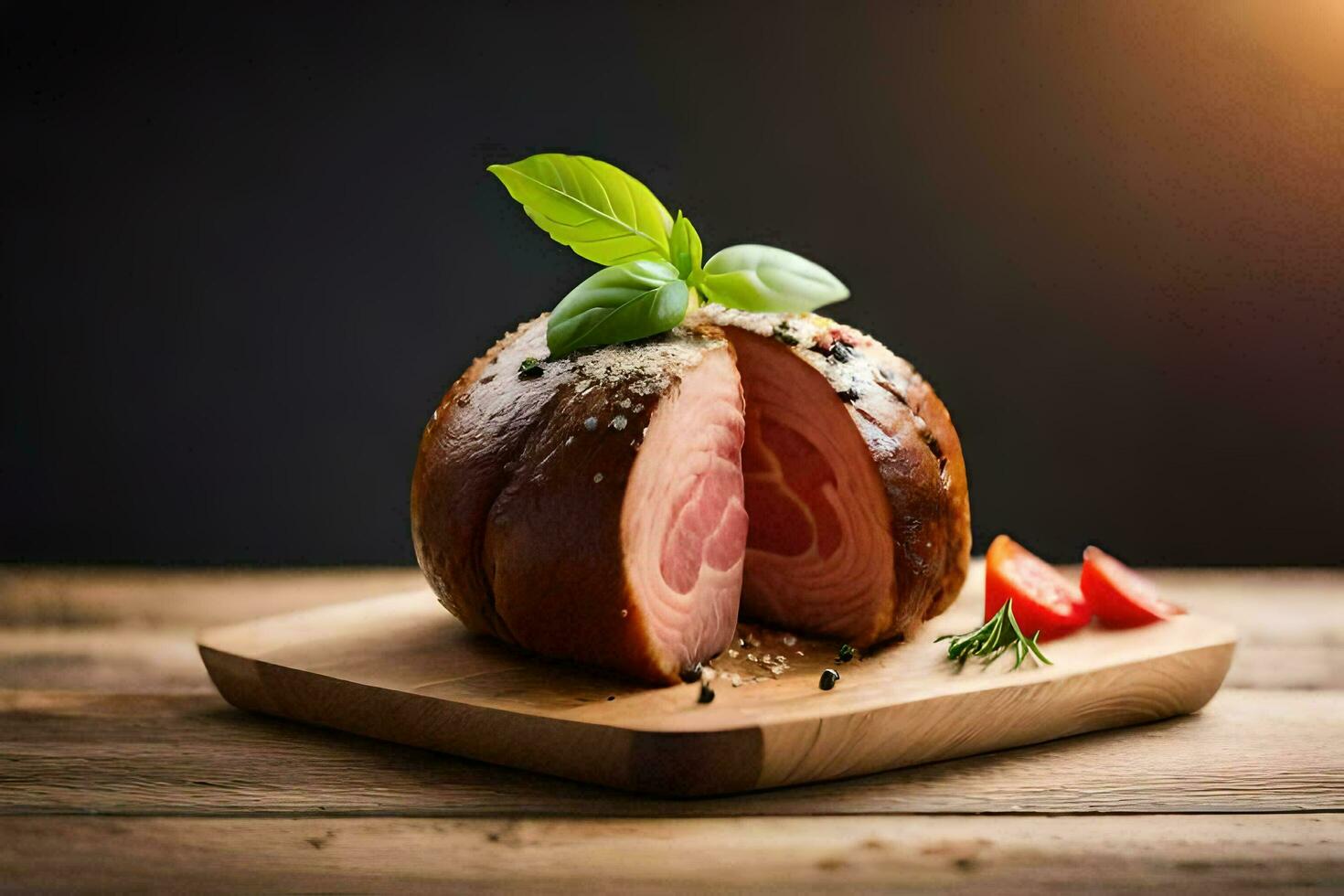 un pedazo de jamón en un de madera corte tablero. generado por ai foto