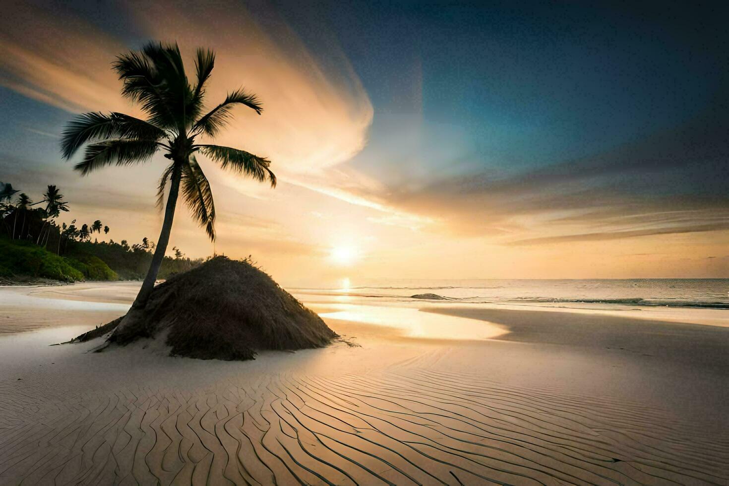 the sun sets on a beach in sri lanka. AI-Generated photo