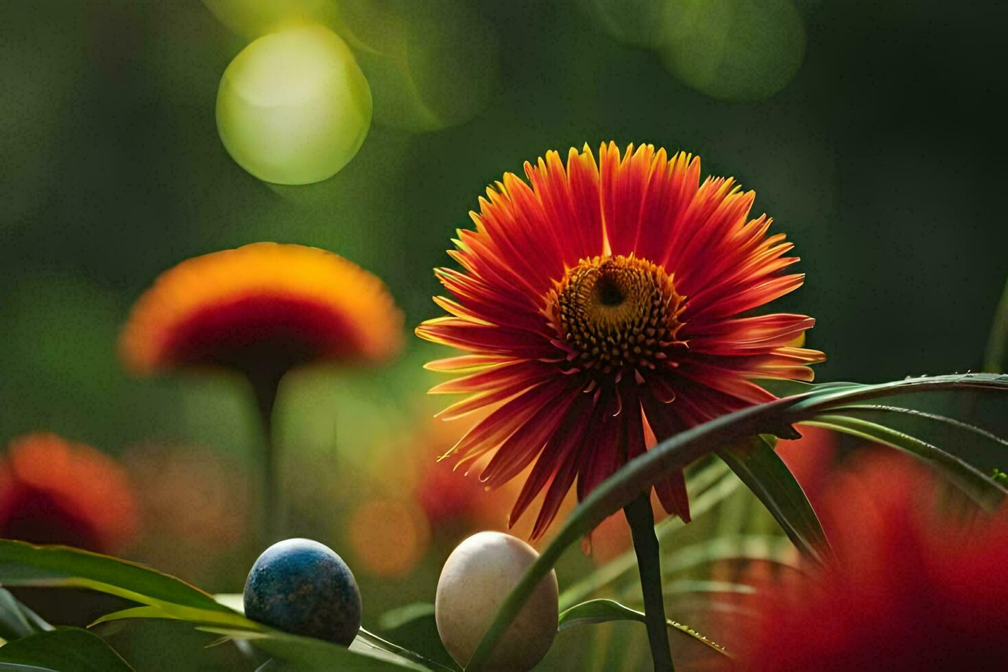 a flower and an egg in the grass. AI-Generated photo