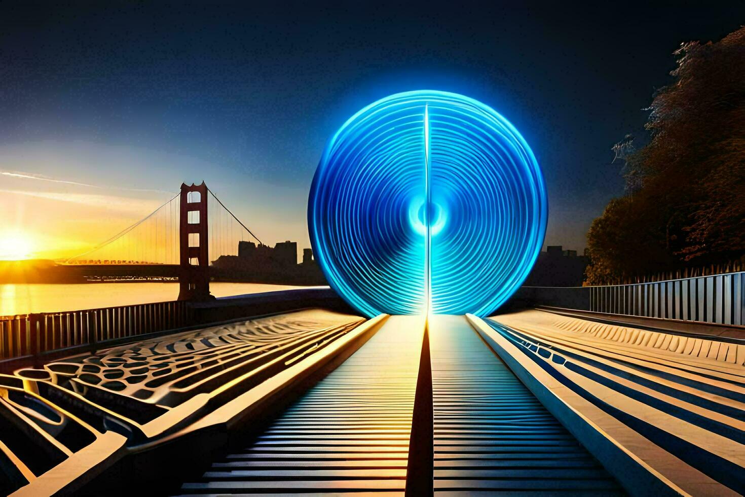 a blue light is shining on a wheel in front of a city. AI-Generated photo