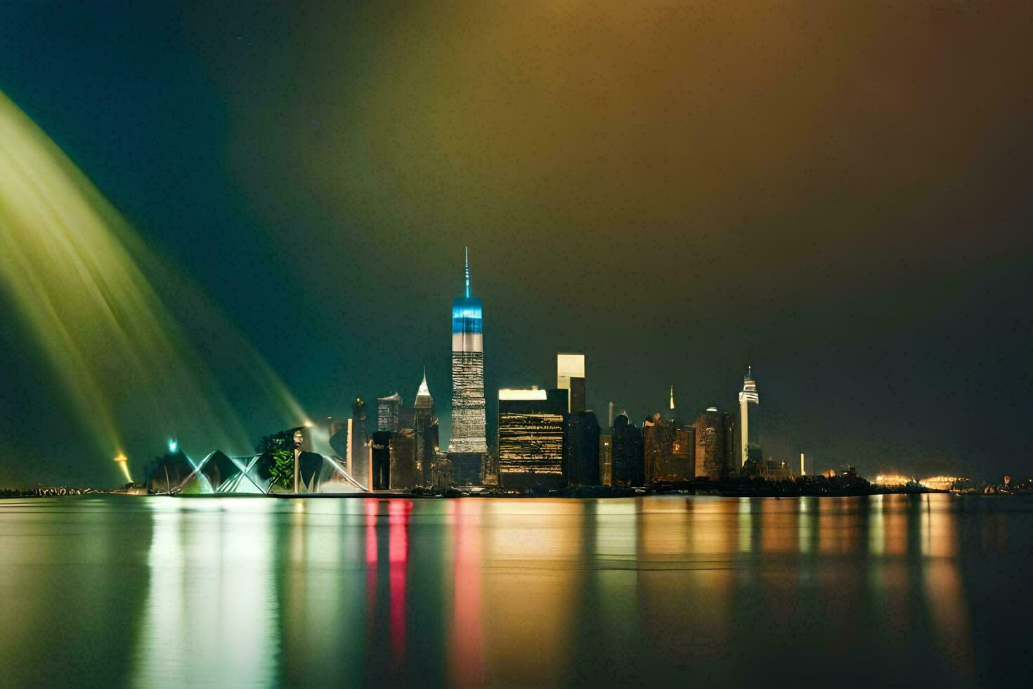 el ciudad horizonte es iluminado a noche con un arco iris ligero. generado por ai foto