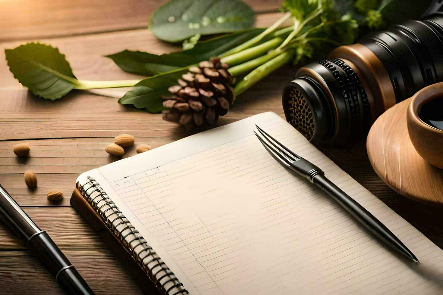 a notebook, camera, coffee and a plant on a wooden table. AI-Generated photo