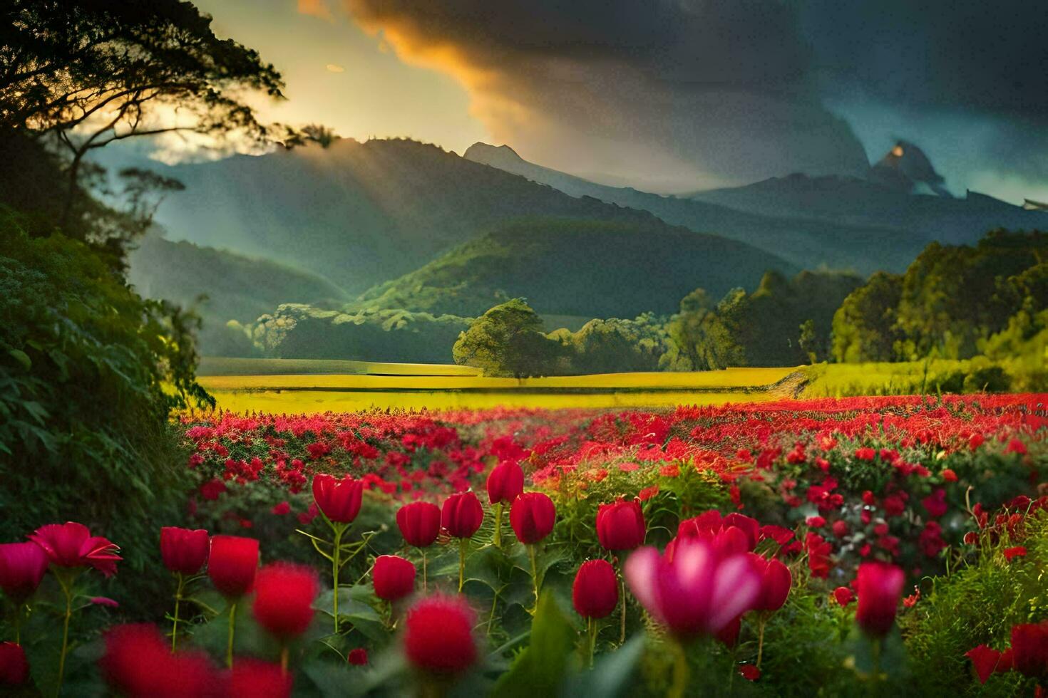 el Dom brilla en un campo de rojo tulipanes en el montañas. generado por ai foto